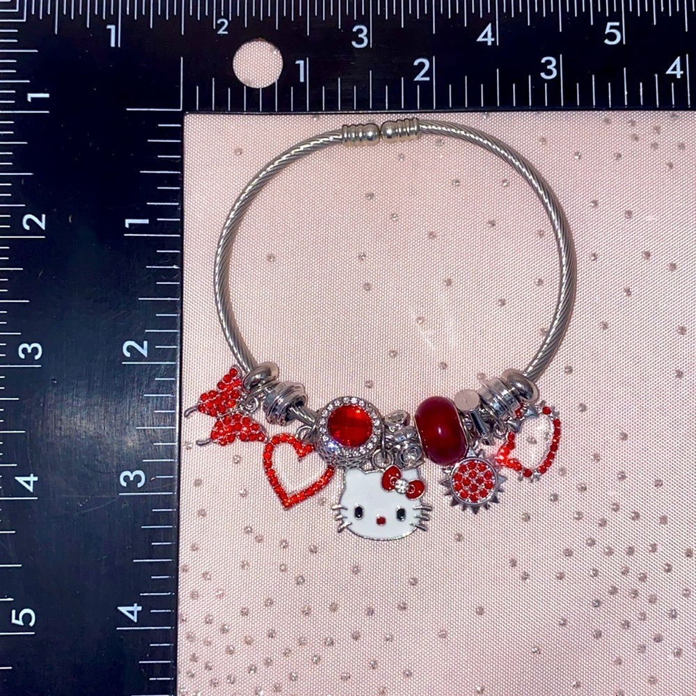 Hello kitty charm bracelet Sanrio silver adjustable band red bow kitty crystals - Picture 2 of 5